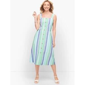 Talbots Blue Green Striped Midi Dress Button Front Preppy Cotton Womens Plus 22W
